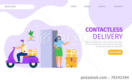Contactless delivery at quarantine concept, web page, vector illustration. Man courier character bring box, online order for cartoon woman. 76342394
