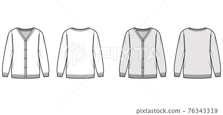 Sweater cardigan technical fashion illustration with V- neck, long sleeves, oversized, fingertip length, knit rib trim 76343319