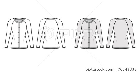 Round neck cardigan technical fashion illustration with long raglan sleeves, fitted body, hip length, knit rib cuff Flat 76343333