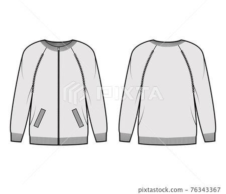 Zip-up cardigan Sweater technical fashion illustration with rib crew neck, long raglan sleeves, oversized, knit trim 76343367