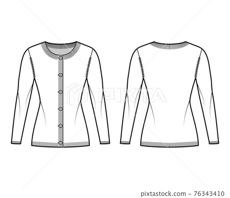Round neck cardigan technical fashion illustration with long sleeves, fitted body, hip length, knit rib cuff. apparel Round neck cardigan technical fashion illustration with long sleeves, fitted body, hip length, knit rib cuff. apparel 76343410