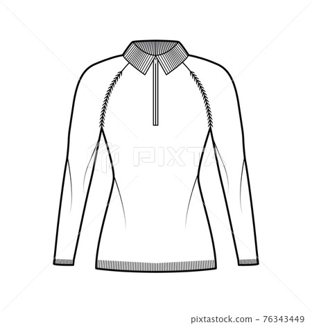 Zip-up Sweater technical fashion illustration with rib henley neck, long raglan sleeves, fitted body, hip length Zip-up Sweater technical fashion illustration with rib henley neck, long raglan sleeves, fitted body, hip length 76343449
