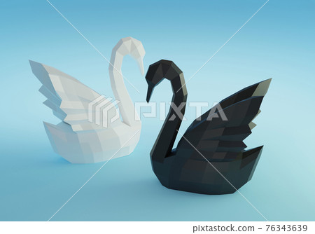 Paper sculpture of a polygonal Swans, folded paper animal, papercraft, black and white swans love concept, 3d render 76343639