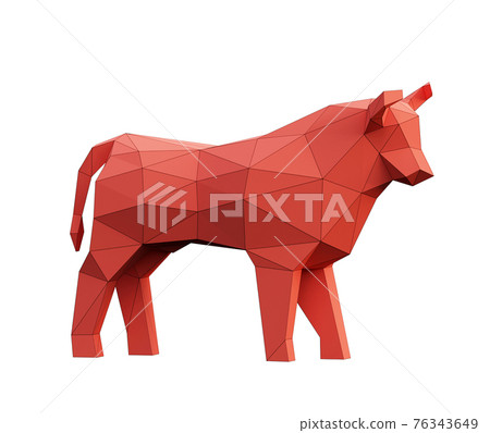 Sculpture of a low poly Red Bull, isolated on white, low polygon animal, 3d render 76343649