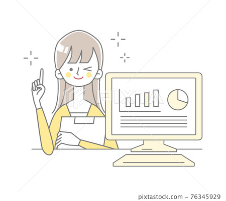 一個女人在電腦前解釋的插圖 一個女人在電腦前解釋的插圖 76345929