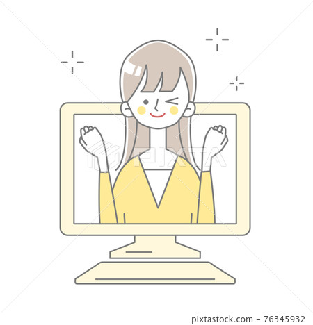 Illustration of a woman in a guts pose popping out of her computer Illustration of a woman in a guts pose popping out of her computer 76345932