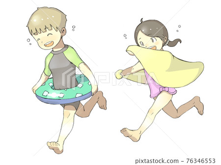 男孩和女孩跑向大海(或游泳池等) 男孩和女孩跑向大海(或游泳池等) 76346553