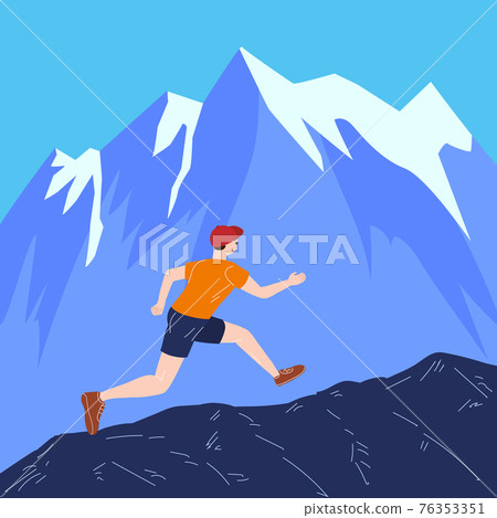 Mountain Trail Running Man in wild nature. Runner in landscape hills, running to win. Vector Mountain Trail Running Man in wild nature. Runner in landscape hills, running to win. Vector 76353351