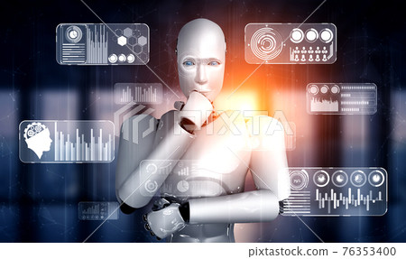 Thinking AI humanoid robot analyzing hologram screen showing concept big data Thinking AI humanoid robot analyzing hologram screen showing concept big data 76353400