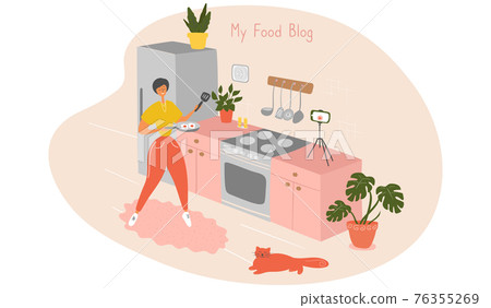 Food blogger. Young woman records video. Chef is cooking in kitchen. Housewife holds frying pan and stands by stove. Cartoon vector illustration Food blogger. Young woman records video. Chef is cooking in kitchen. Housewife holds frying pan and stands by stove. Cartoon vector illustration 76355269