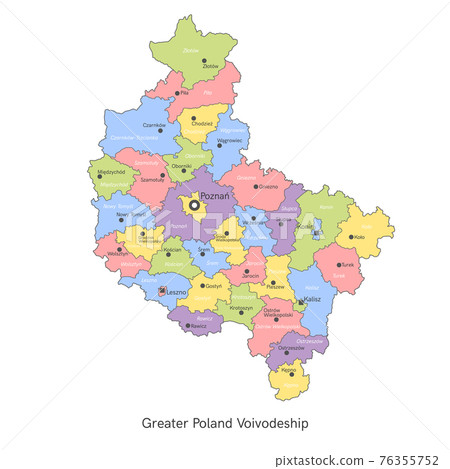 vector illustration administrative map of Poland. Greater Poland Voivodeship Map with gminas vector illustration administrative map of Poland. Greater Poland Voivodeship Map with gminas 76355752