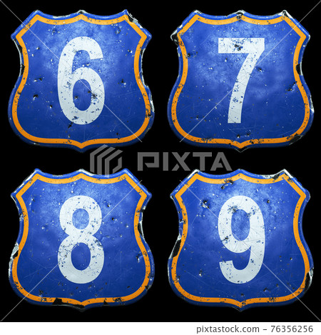 Set of Public road signs in blue and orange color with a white numbers 6, 7, 8, 9 in the center isolated black background. 3d 76356256