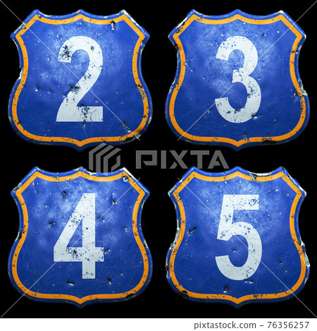 Set of Public road signs in blue and orange color with a white numbers 2, 3, 4, 5 in the center isolated black background. 3d Set of Public road signs in blue and orange color with a white numbers 2, 3, 4, 5 in the center isolated black background. 3d 76356257