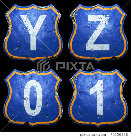 Set of Public road signs in blue and orange color with a capitol white letters Y, Z and number 0, 1 in the center isolated black background. 3d Set of Public road signs in blue and orange color with a capitol white letters Y, Z and number 0, 1 in the center isolated black background. 3d 76356258