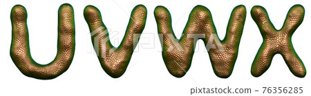 Set of letters U, V, W, X made of realistic 3d render natural gold snake skin texture. Set of letters U, V, W, X made of realistic 3d render natural gold snake skin texture. 76356285