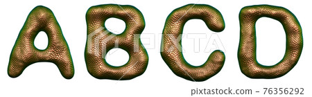 Set of letters A, B, C, D made of realistic 3d render natural gold snake skin texture. 76356292