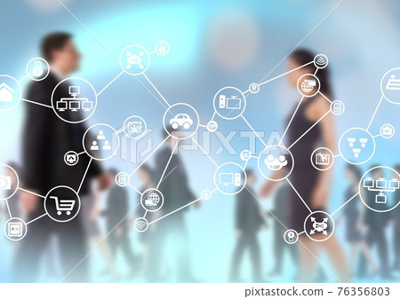 Network of digital icons over multiple businesspeople walking against blue background Network of digital icons over multiple businesspeople walking against blue background 76356803