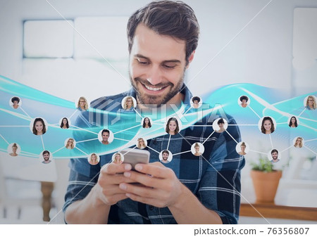 Network of profile icons against caucasian man using smartphone Network of profile icons against caucasian man using smartphone 76356807