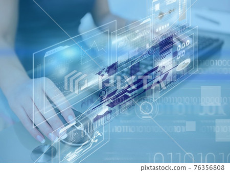 Interface showing information and statistics with hands of woman using computer mouse and keyboard Interface showing information and statistics with hands of woman using computer mouse and keyboard 76356808