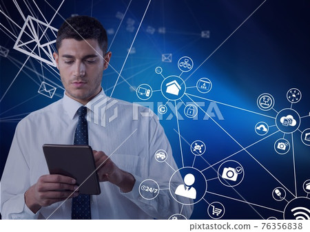 Network of digital icons over businessman using digital tablet against blue background 76356838