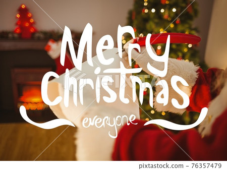 Merry christmas everyone text over santa claus writing letter in background 76357479