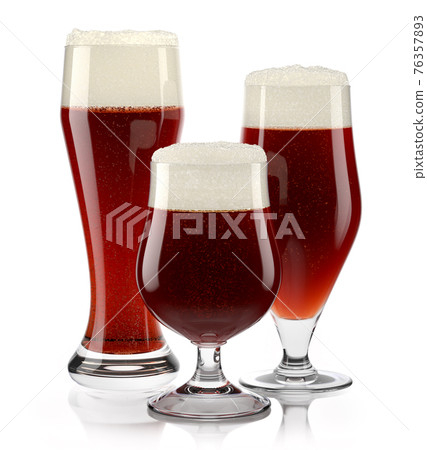 Set of fresh stout beer glasses with bubble froth isolated on white background. Set of fresh stout beer glasses with bubble froth isolated on white background. 76357893