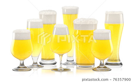 Set of fresh light beer glasses with bubble froth isolated on white background. Set of fresh light beer glasses with bubble froth isolated on white background. 76357900