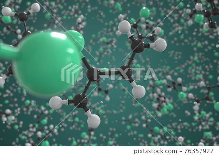 Chloroprene molecule, ball-and-stick molecular model. Chemical 3d rendering Chloroprene molecule, ball-and-stick molecular model. Chemical 3d rendering 76357922