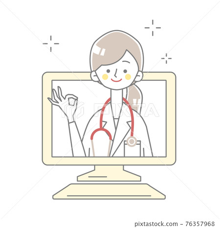 Illustration of a doctor popping out from a computer Illustration of a doctor popping out from a computer 76357968
