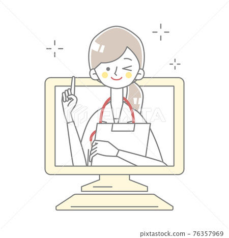 Illustration of a doctor winking from a computer Illustration of a doctor winking from a computer 76357969