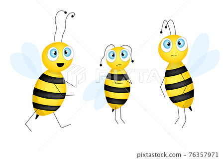 Set of cartoon cute bee mascot. A small bees flies. Wasp collection. Vector character. Insect icon. Template design for invitation, cards, wallpaper, kindergarten. Doodle style. Set of cartoon cute bee mascot. A small bees flies. Wasp collection. Vector character. Insect icon. Template design for invitation, cards, wallpaper, kindergarten. Doodle style. 76357971