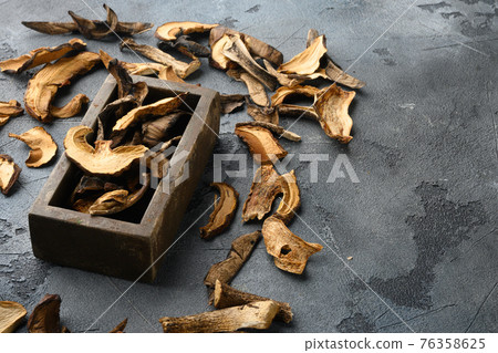 Set of dried mushrooms, on gray background Set of dried mushrooms, on gray background 76358625