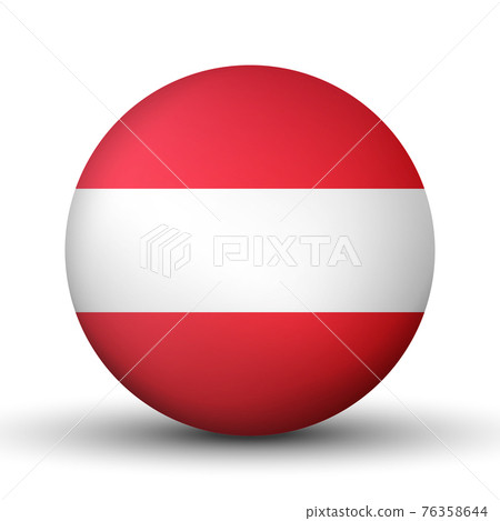 Glass light ball with flag of Austria. Round sphere, template icon. Austrian national symbol. Glossy realistic ball, 3D abstract vector illustration highlighted on a white background. Big bubble 76358644
