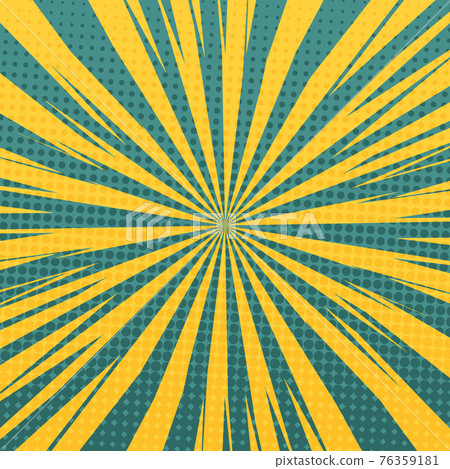 Pop art radial colorful comics book magazine cover. Striped orange and blue digital background. Cartoon funny retro pattern strip mock up. Vector halftone illustration. Sunburst, starburst shape 76359181