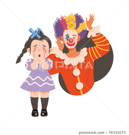 Little Girl Afraid of Clown and Jester Covering Her Face with Her Hands Vector Illustration 76359255
