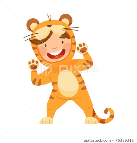 Cute Boy Wearing Striped Tiger Costume Role Playing and Having Fun Vector Illustration Cute Boy Wearing Striped Tiger Costume Role Playing and Having Fun Vector Illustration 76359318