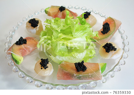 Caviar, scallops and prosciutto hors d'oeuvre Caviar, scallops and prosciutto hors d'oeuvre 76359330