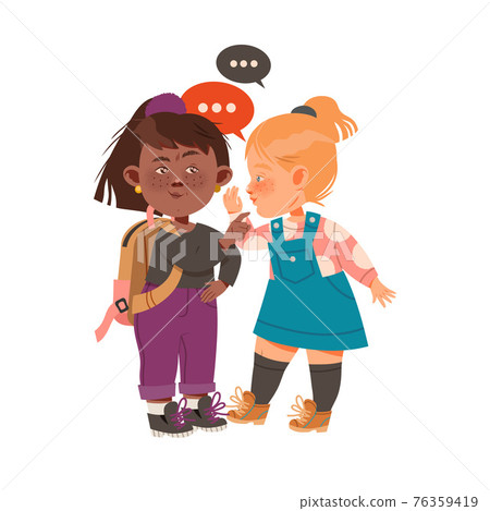 Little Freckled Girls Gossiping and Spreading Rumors About Her Agemates Vector Illustration 76359419