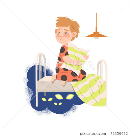 Little Boy Afraid of Monsters Sitting on Bed with Pillow and Crying Vector Illustration Little Boy Afraid of Monsters Sitting on Bed with Pillow and Crying Vector Illustration 76359452