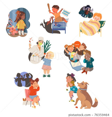 Children Having Fears Afraid of Dogs, Syringe and Monsters Vector Set 76359464