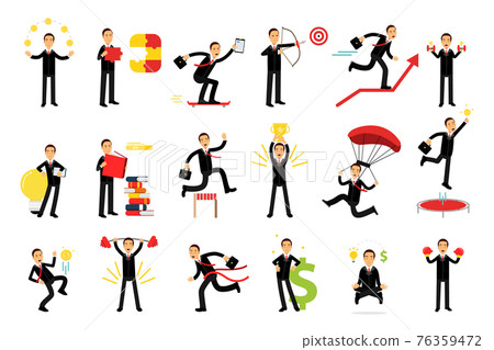 Energetic Businessman Lifting Dumbbell and Standing with Open Book Vector Illustration Set 76359472