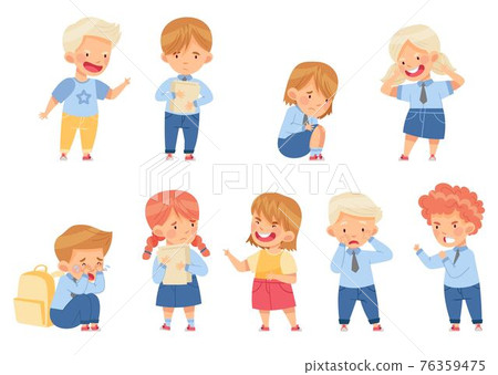 Angry Kids Bullying and Abusing the Weak Agemate Teasing and Laughing at Them Vector Set Angry Kids Bullying and Abusing the Weak Agemate Teasing and Laughing at Them Vector Set 76359475