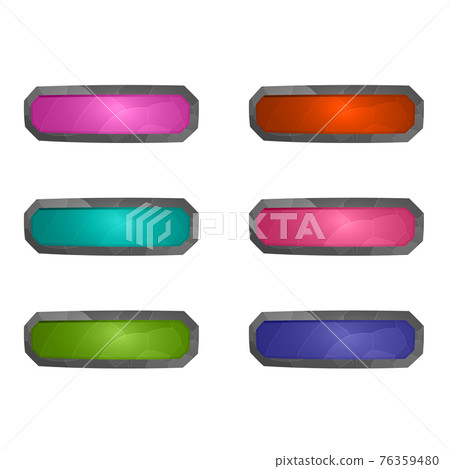Gaming elements isolated on white background. Design for computer game. Symbols and icons. Collection squared buttons play for games and app. Colorful panel button. Cartoon interface. Copy space. 76359480