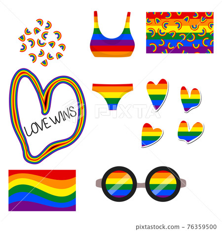 Set of LGBT icons. Flag LGBT, hearts, swimsuit, sunglasses, rainbow. Template design, vector illustration. Love wins. Logo colorful symbols. Gay pride collection. Banner. 76359500