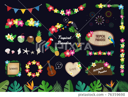Tropical night, summer material illustration set (black background, with letters) 76359698