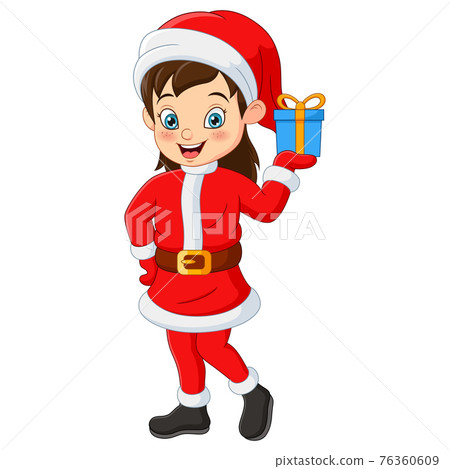 Happy girl in santa claus costume holding a gift Happy girl in santa claus costume holding a gift 76360609