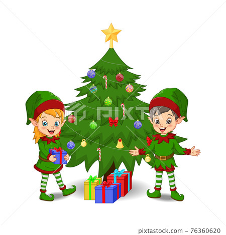 Cartoon elves decorating a christmas tree 76360620
