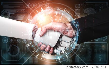 3D rendering humanoid robot handshake to collaborate future technology 3D rendering humanoid robot handshake to collaborate future technology 76361431