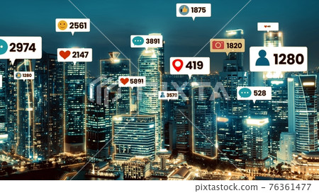 Social media icons fly over city downtown showing people engagement connection 76361477