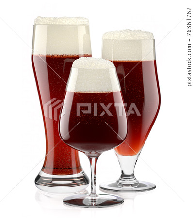Set of fresh stout beer glasses with bubble froth isolated on white background. Set of fresh stout beer glasses with bubble froth isolated on white background. 76361762